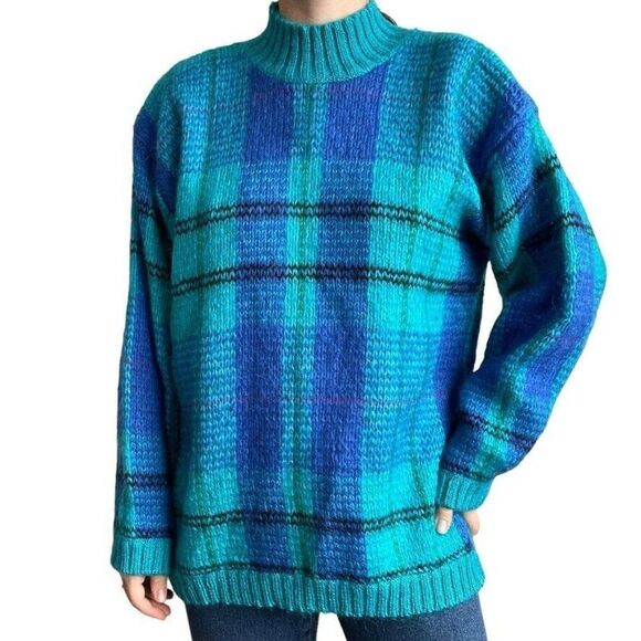 Vintage 90s Womens Blue Mohair Fluffy Plaid Mock Neck Oversized Sweater Sz L - Picture 1 of 7